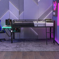 Modern Gaming Mid Loft Bed with Built-in LED Lights & Large Desk, High Sleeper Twin Size Bed with PC Gaming Setup for Teenagers, Space-Saving Furniture for Small Room (Black + Twin)