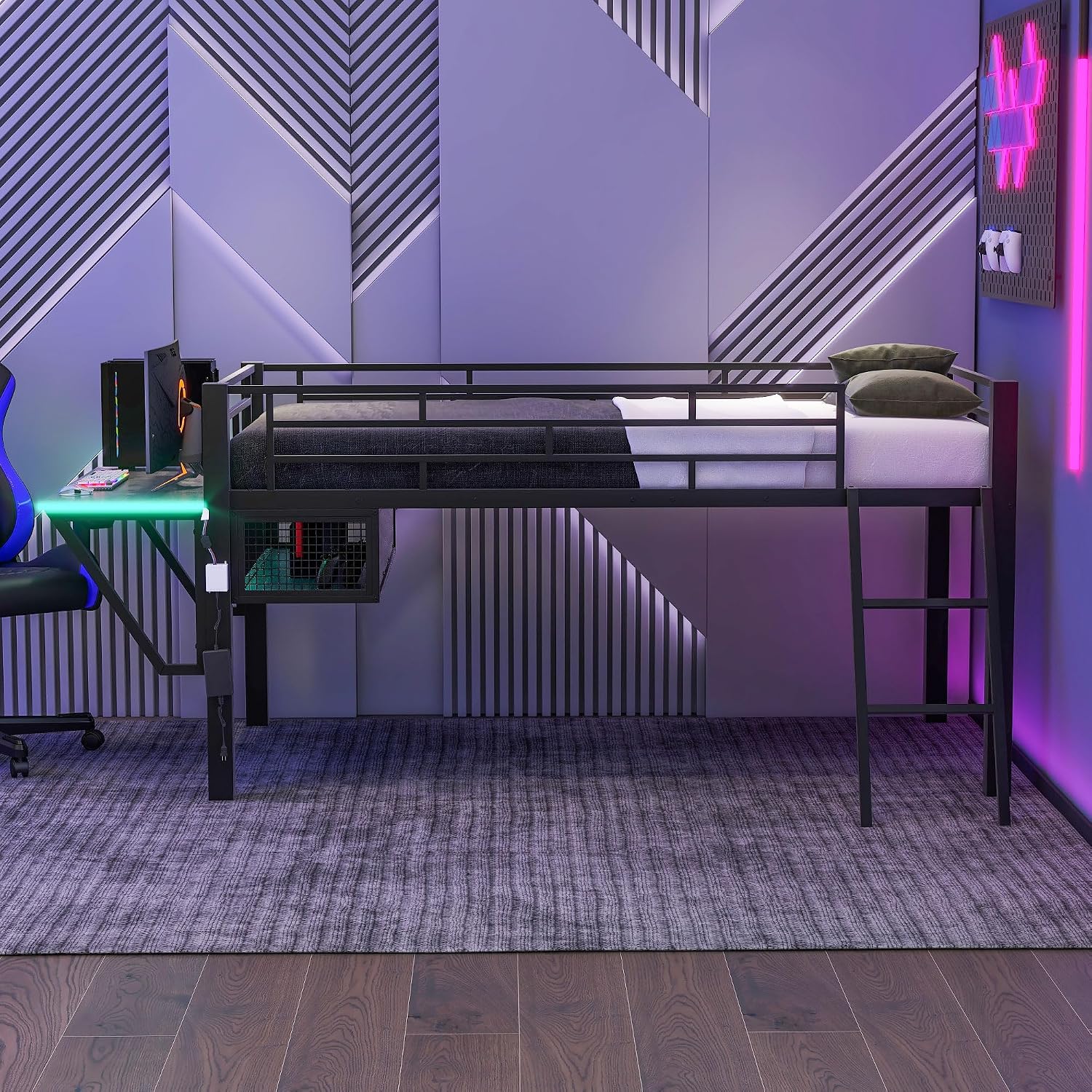 GOWE Gaming mid loft Bed with Desk, LED, Twin, Black