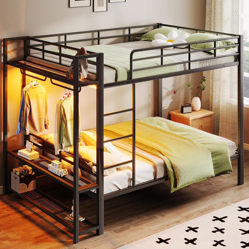 Metal Bunk Bed with Storage Mesh Shelves and Clothes Hooks, Open Storage Shelves, Full Size Bunk Bed with Full-length Reinforced Guardrails for Teens and Adults, No Box Spring Needed (Black//96)