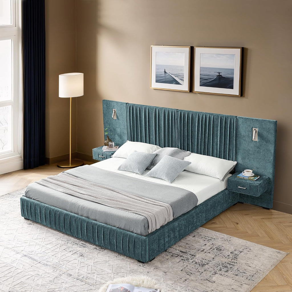 Merax Chenille Upholstered Queen Size Bed Frame with Wide Headboard and 2 Nightstands, Low Platform Bed Frame with Small Reading Lamp and Pleating Design for Adults, No Box Spring Needed, Blue Green