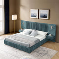 Merax Chenille Upholstered Queen Size Bed Frame with Wide Headboard and 2 Nightstands, Low Platform Bed Frame with Small Reading Lamp and Pleating Design for Adults, No Box Spring Needed, Blue Green