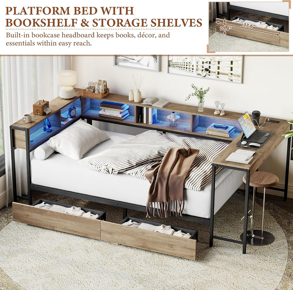 TTK Twin Size Corner Bed Frame with LED Lights, Bookcase Headboard, 2 Storage Drawers, Charging Station & Hutch Desk – Modern Metal Daybed for Bedroom, Guest Room or Living Room, Brown (Twin)