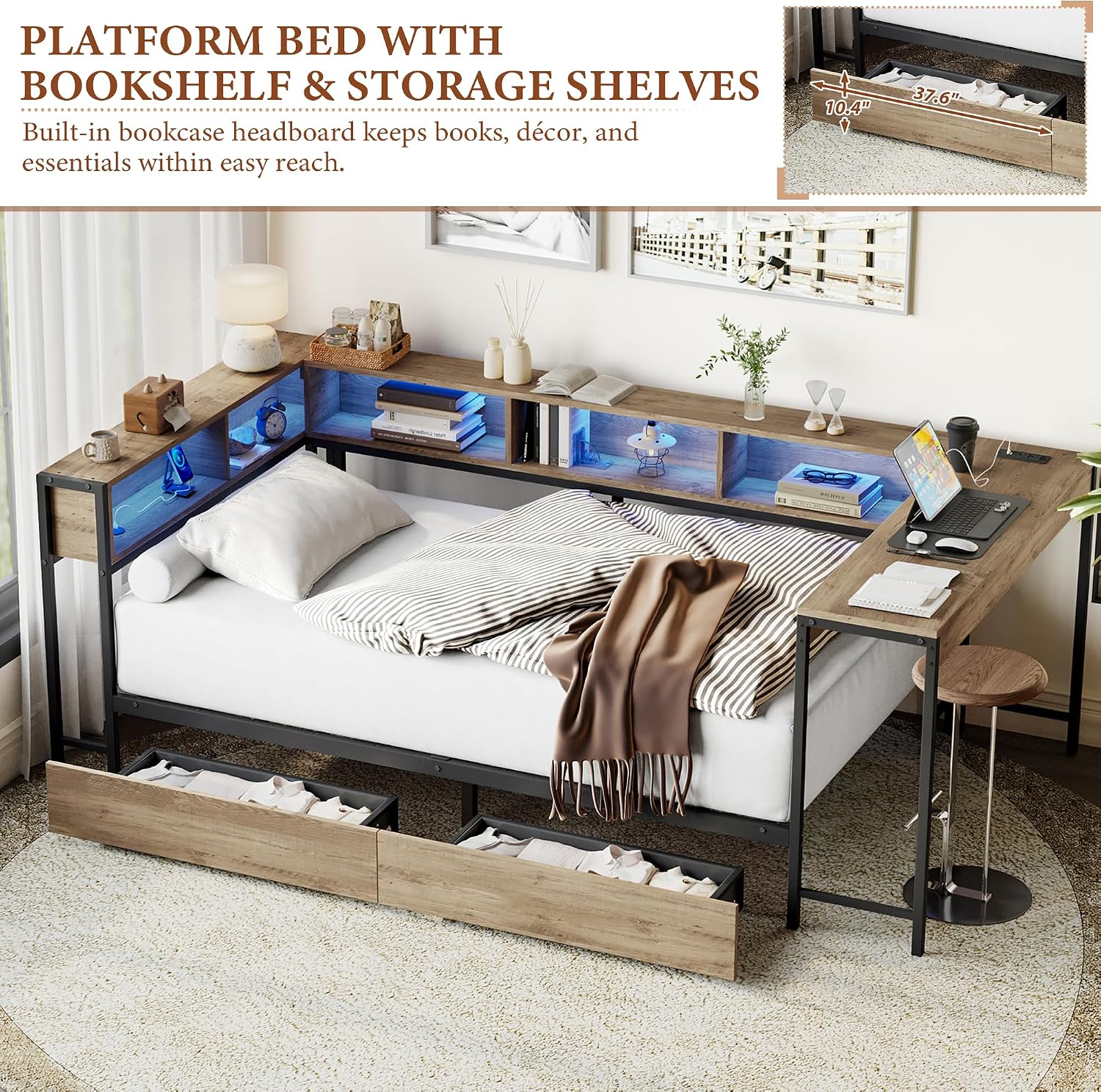 TTK Twin Size Corner Bed Frame with LED Lights, Bookcase Headboard, 2 Storage Drawers, Charging Station & Hutch Desk – Modern Metal Daybed for Bedroom, Guest Room or Living Room, Brown (Twin)