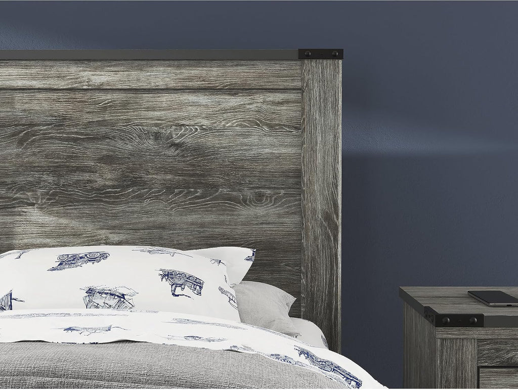 Signature Design by Ashley Frandern Industrial Panel Bed with Nailhead Accents, Foundation or Box Spring Needed, Twin, Gray