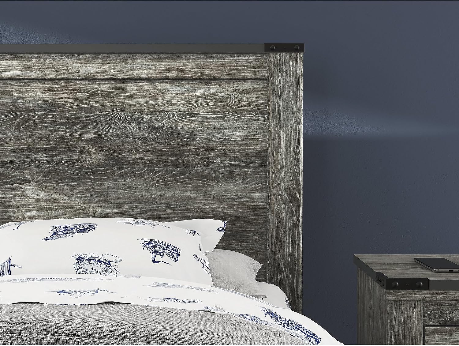 Signature Design by Ashley Frandern Industrial Panel Bed with Nailhead Accents, Foundation or Box Spring Needed, Twin, Gray