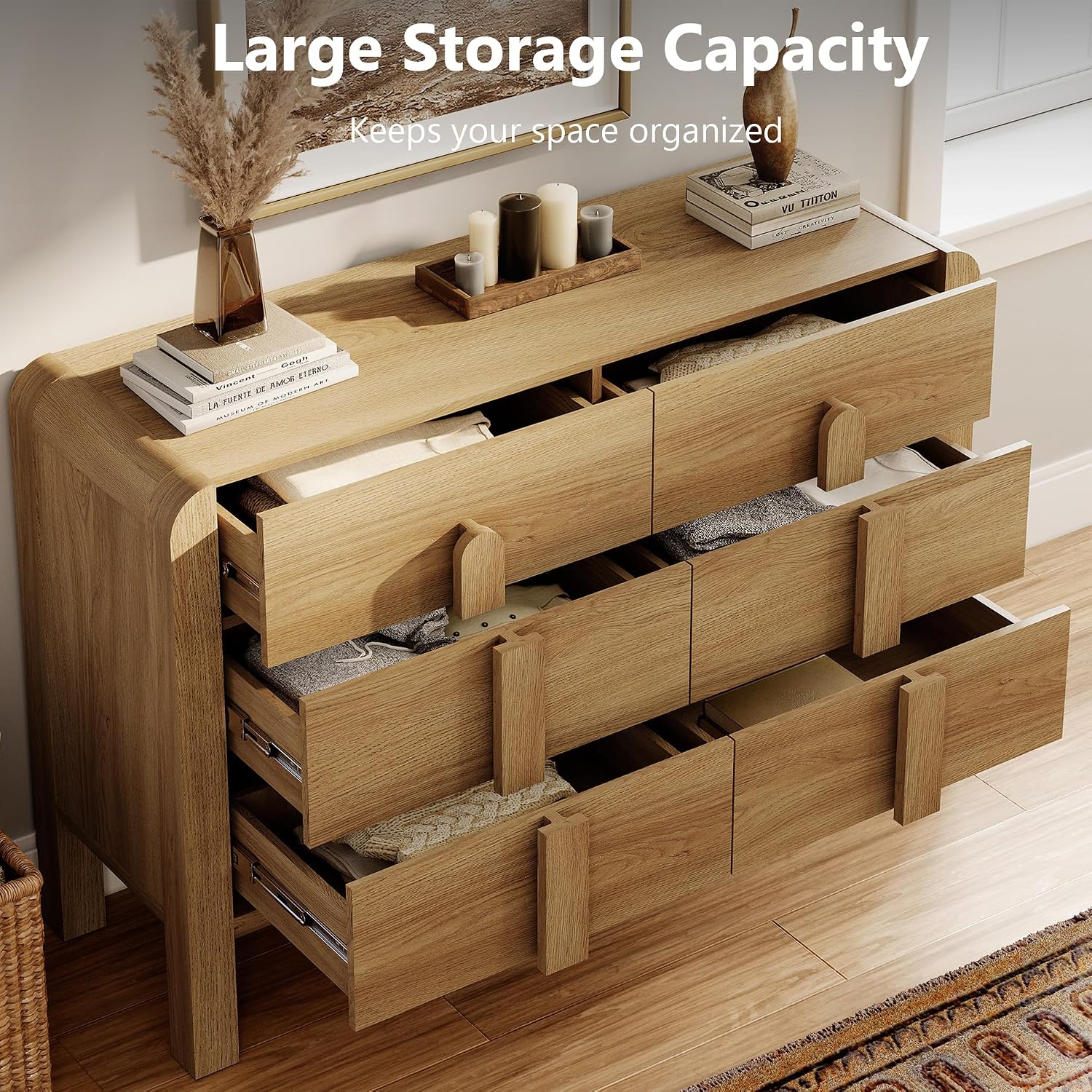 WAMPAT 3 Piece Bedroom Dresser Set, 110.2' Wide 12 Drawers Wood Dresser, Mid-Century Modern Storage Chest with Curved Handles for Bedroom, Living Room (Light Walnut)