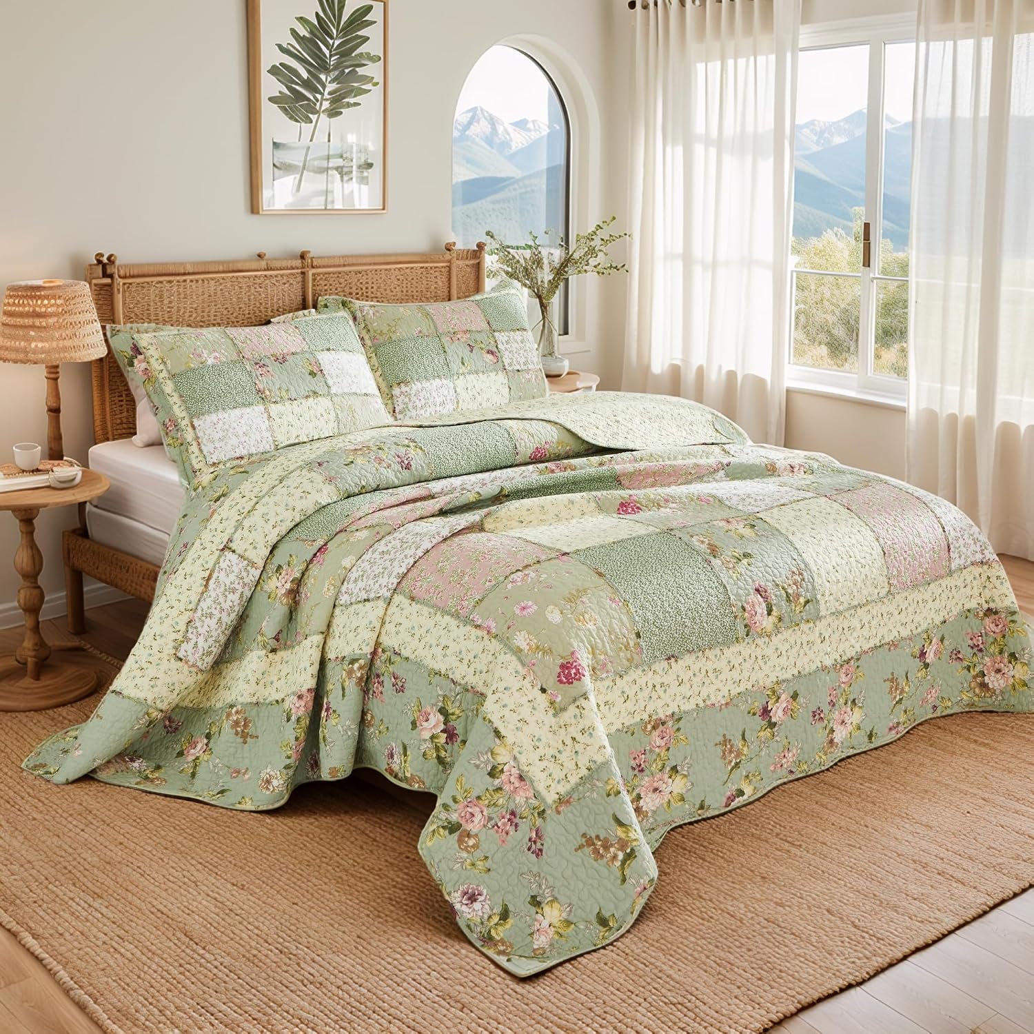 Brandream Patchwork Quilts Queen Size Cotton Green Rose Floral Quilted Comforter Set Country Rustic Coverlet Set 3-Piece