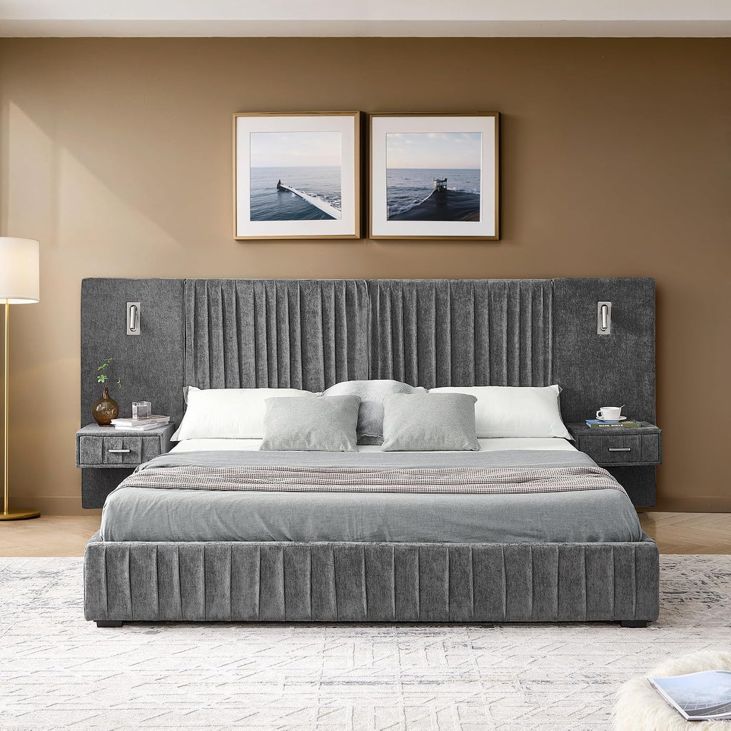 Merax Chenille Upholstered Queen Size Bed Frame with Wide Headboard and 2 Nightstands, Low Platform Bed Frame with Small Reading Lamp and Pleating Design for Adults, No Box Spring Needed, Dark Gray