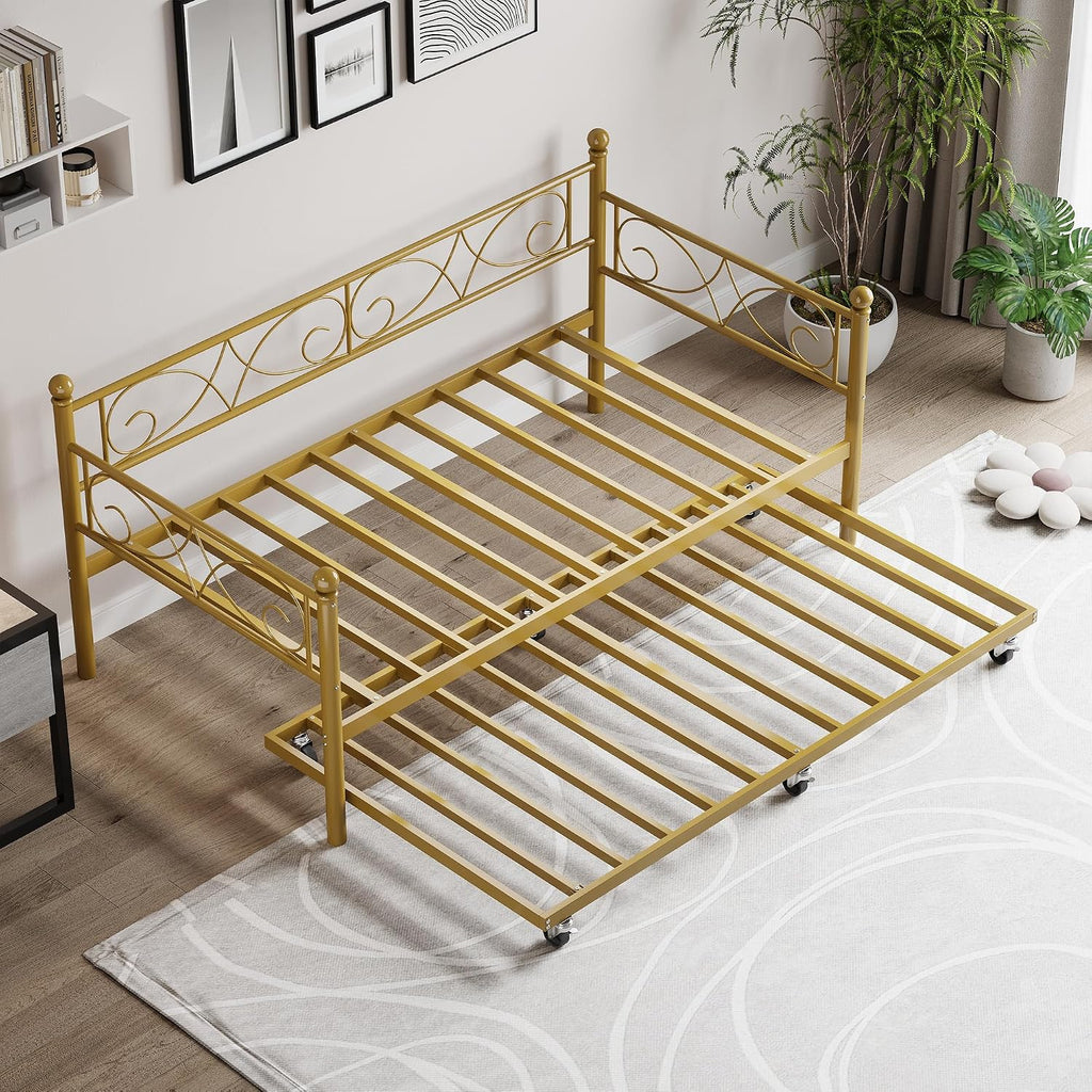 Heavy Duty Twin Daybed with Trundle, Metal Sofa Bed Frame with Floral Headboard & Slats, No Box Spring Needed, Multifunctional Platform Bed for Guest Room, Bedroom,Set Gold Twin Size