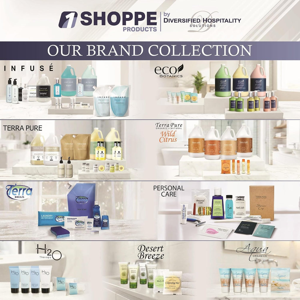 Terra Pure Aqua Organics Hotel Soaps & Toiletries Bulk Set | 1-Shoppe Amenities Kit | 1oz Shampoo & Conditioner, Body Wash, Lotion, 1oz Bar Soap | Travel Size | 150 Pieces
