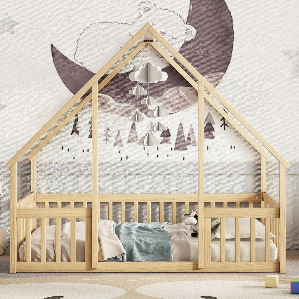 JIVOIT Full Wood House-Shaped Floor Bed with Fence and Guardrails, Wood House Roof Frame, Montessori Floor Bed Frame (Natural-Full,129)