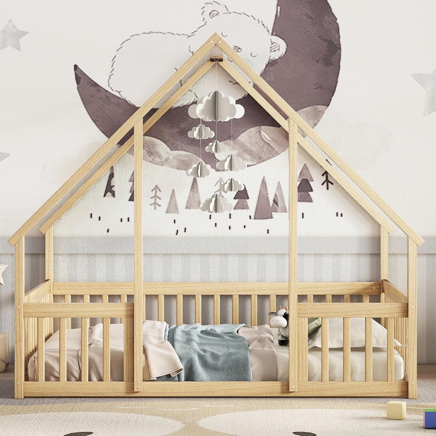 JIVOIT Full Wood House-Shaped Floor Bed with Fence and Guardrails, Wood House Roof Frame, Montessori Floor Bed Frame (Natural-Full,129)