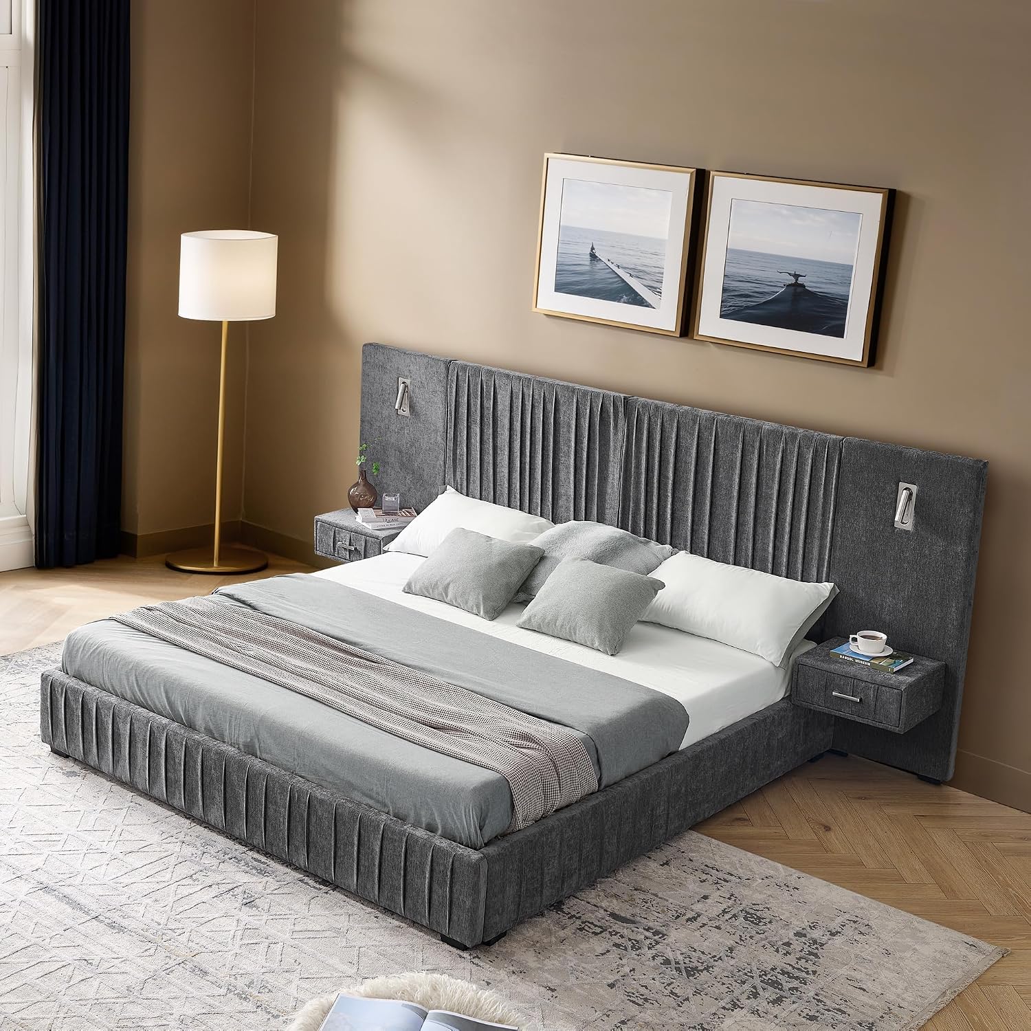 Merax Chenille Upholstered Queen Size Bed Frame with Wide Headboard and 2 Nightstands, Low Platform Bed Frame with Small Reading Lamp and Pleating Design for Adults, No Box Spring Needed, Dark Gray