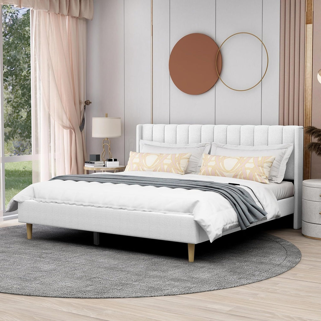 AGARTT Upholstered Platform Bed Frame King Size with Headboard and Footboard/Wooden Slats Support/No Box Spring Needed/Easy Assembly,White Linen