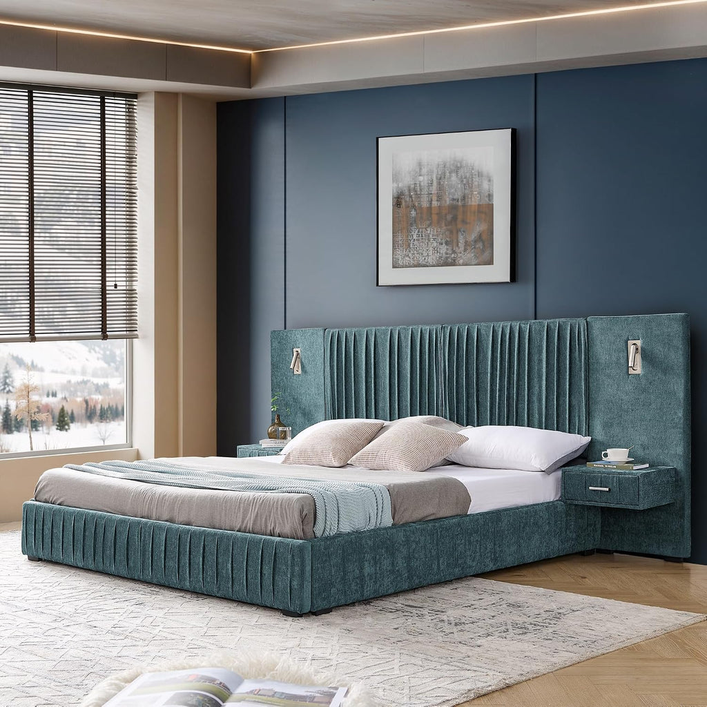 Merax Chenille Upholstered King Size Bed Frame with Wide Headboard and 2 Nightstands, Low Platform Bed Frame with Small Reading Lamp and Pleating Design for Adults, No Box Spring Needed, Blue Green