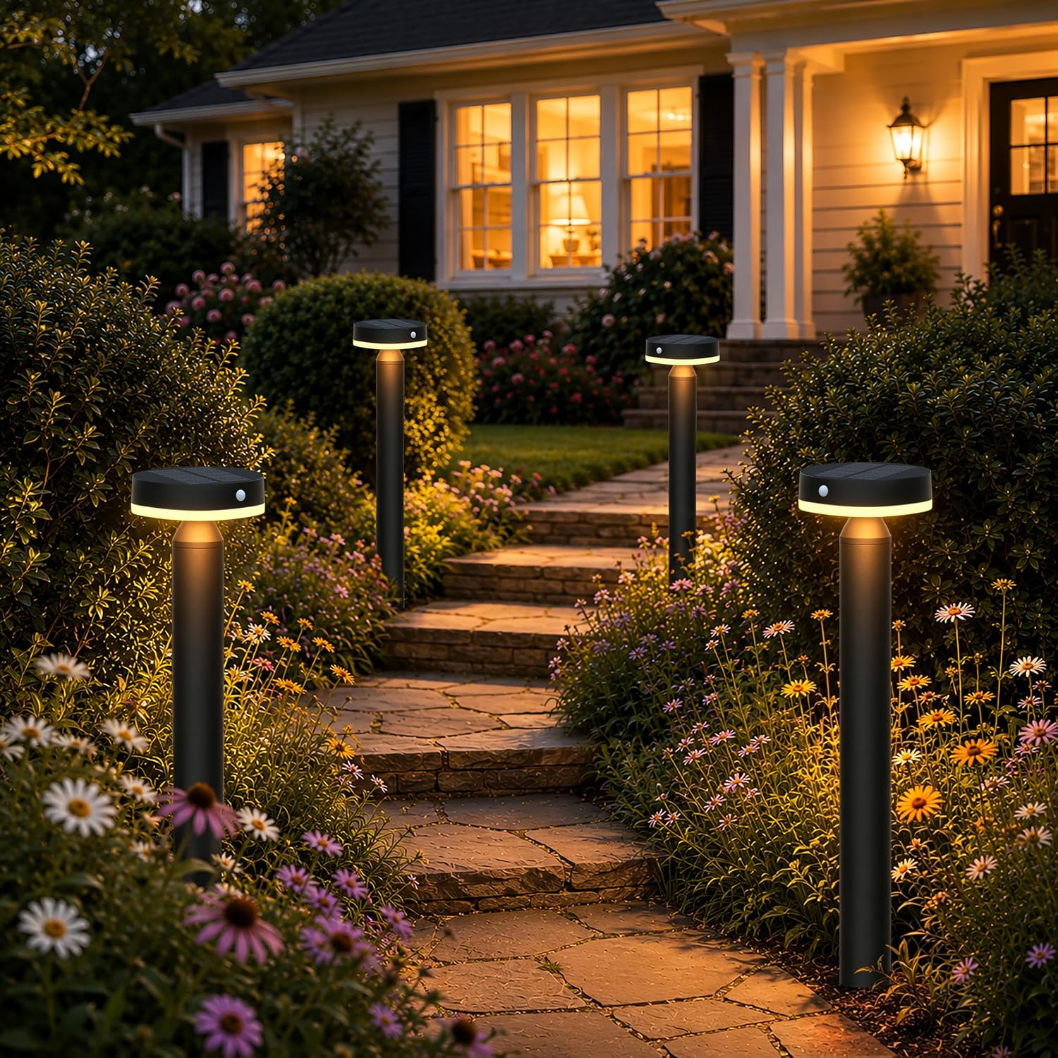 20' Solar Landscape Lights - Outdoor Solar Lights for Yard - PIR Sensor & Two Light Modes - 50lm & 400lm - Rechargeable Battery Last Up to 55 Hours - 3000K - IP44 Weather Resistant - 4 Pack