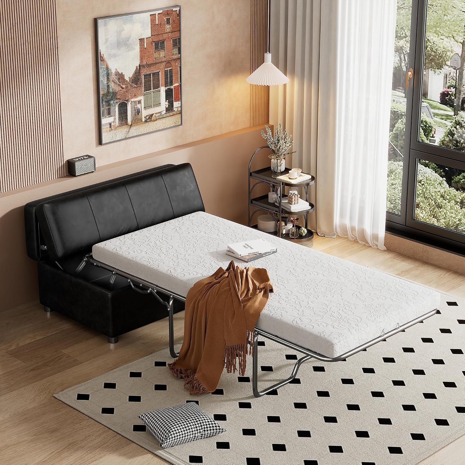 Ottoman Sleeper Bed, Convertible Ottoman Bed, Guest Bed, Pull Out Bed with Mattress, Sofa Bed for Living Room, Bedroom, Apartment, Office (Twin Size Black)