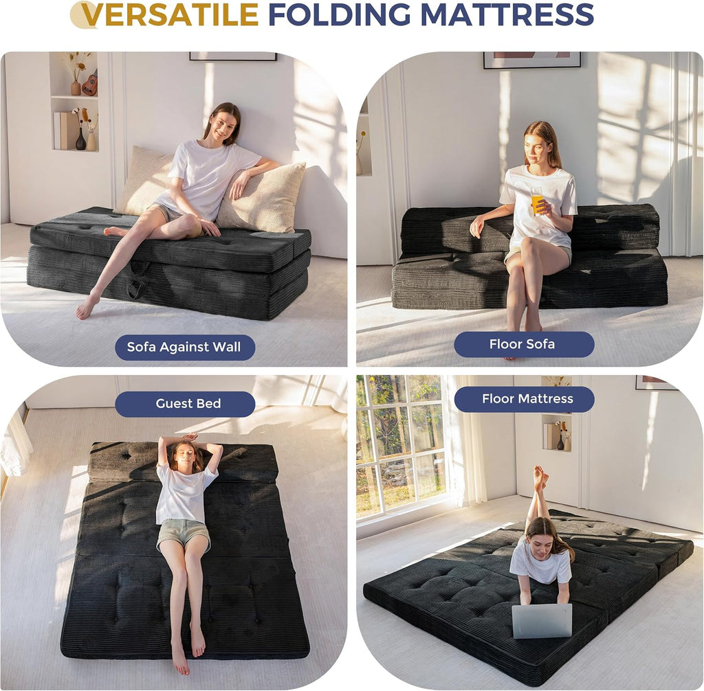 MAXYOYO Foldable Sofa Couch Bed, 4 Inch Tufted Folding Mattress, Portable Floor Couch with Handles Guest Bed Topper Portable Camping Mat with Corded Fabric, Queen Size, Black