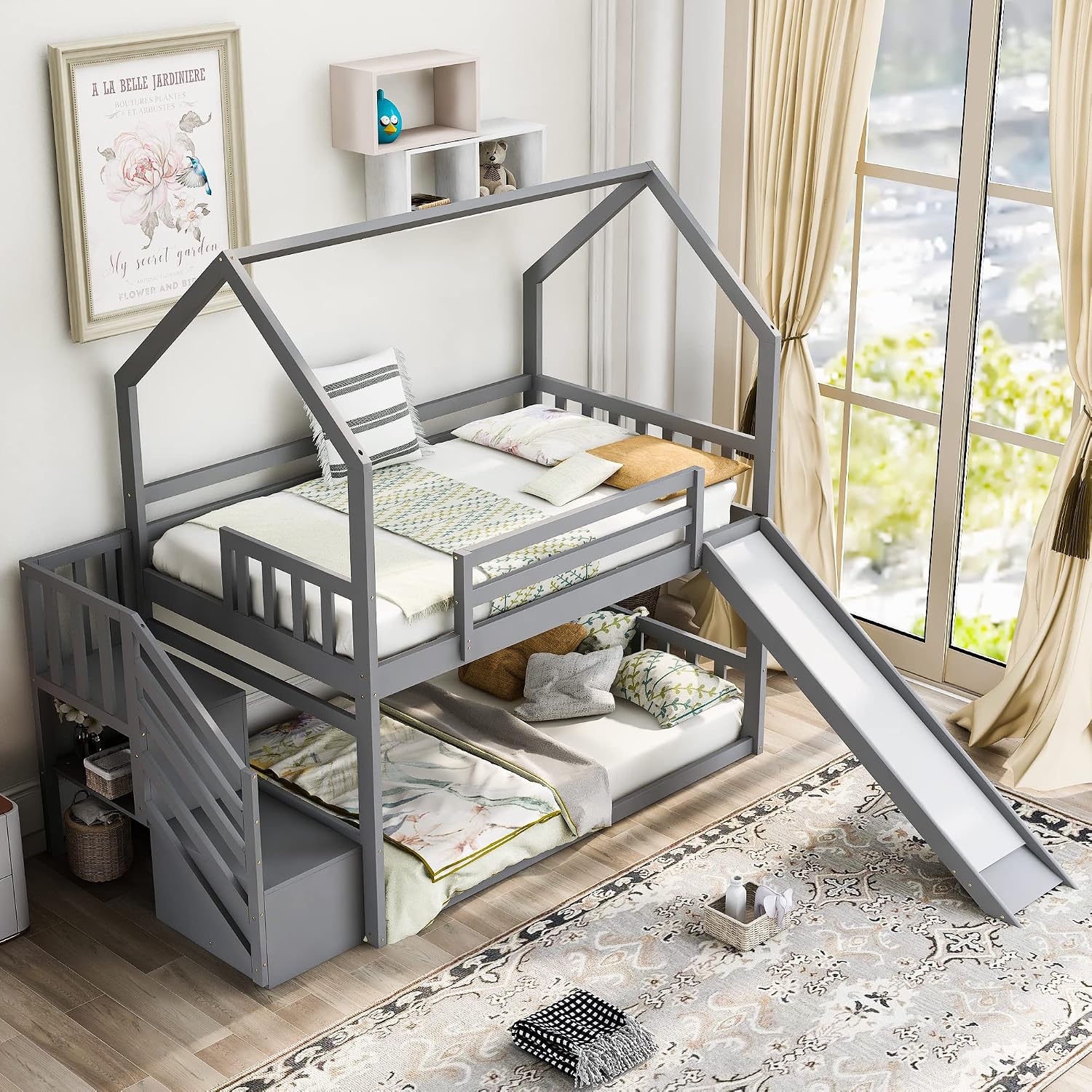 Wood House Bunk Bed for Kids Toddlers, Twin Over Twin Bunk Bed with Convertible Slide, Storage Staircase Can be Placed Left or Right, No Spring Box Required (Gray+House03)