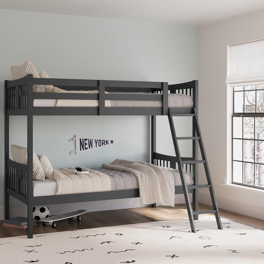 Storkcraft Caribou Bunk Bed Twin Over Twin Bunk Bed (Gray) - GREENGUARD Gold Certified, Twin Bunk Beds for Kids, Converts to 2 Individual Twin Beds, Bunk Beds for Kids