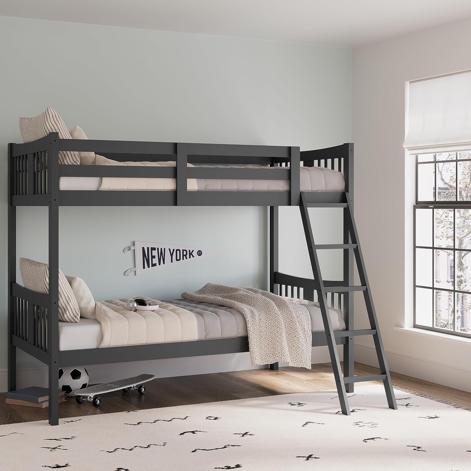 Storkcraft Caribou Bunk Bed Twin Over Twin Bunk Bed (Gray) - GREENGUARD Gold Certified, Twin Bunk Beds for Kids, Converts to 2 Individual Twin Beds, Bunk Beds for Kids