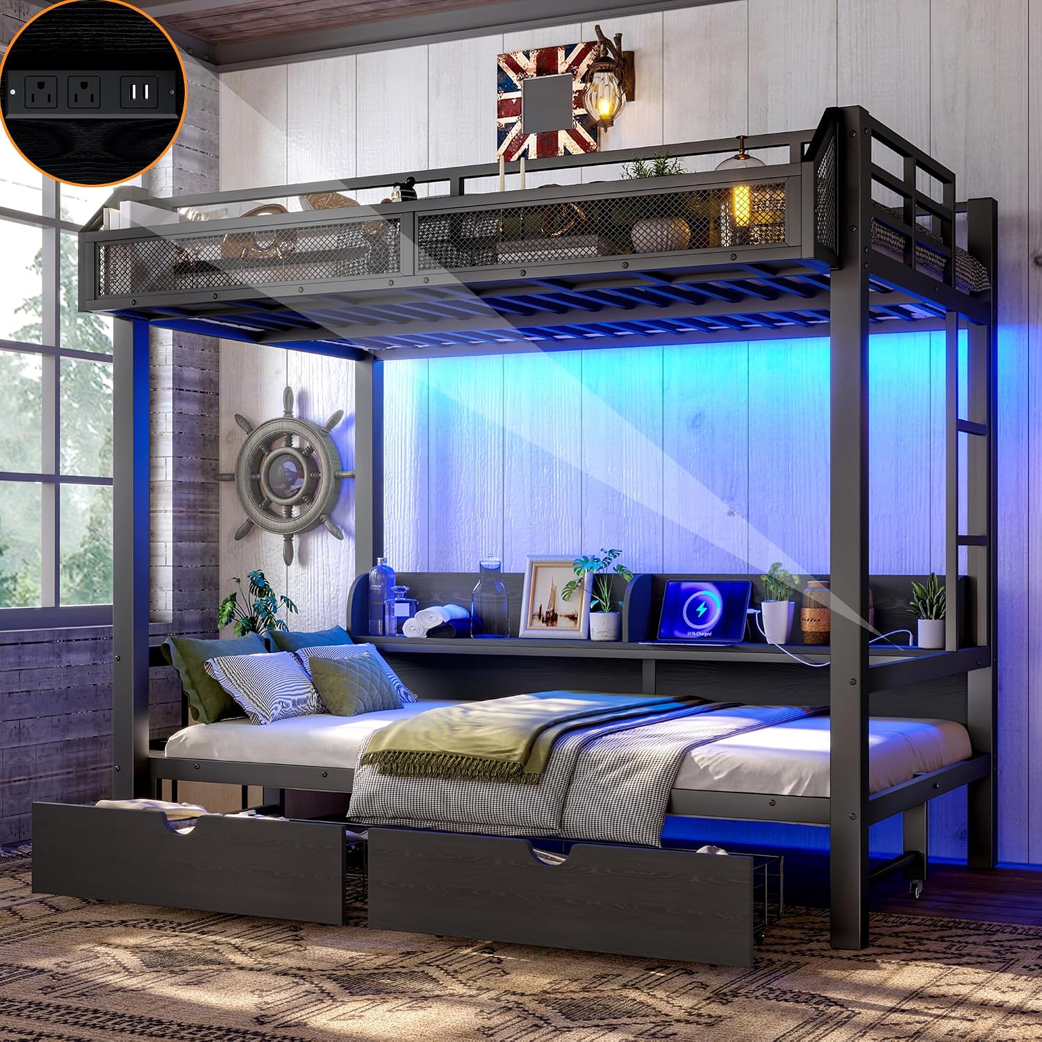 Twin Black Metal Bunk Bed with Storage Shelves and Drawers, Space-Saving Bunk Bed with Lights and USB Ports, Lower Bunkbed Can be Converted Sofa