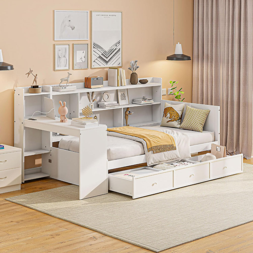 Twin Size Daybed with Storage Shelves and Study Desk, Wooden Daybed Sofa Bed Frame with 3 Drawers and USB Ports for Office Living Room Bedroom, Maximize Space (White-23U)
