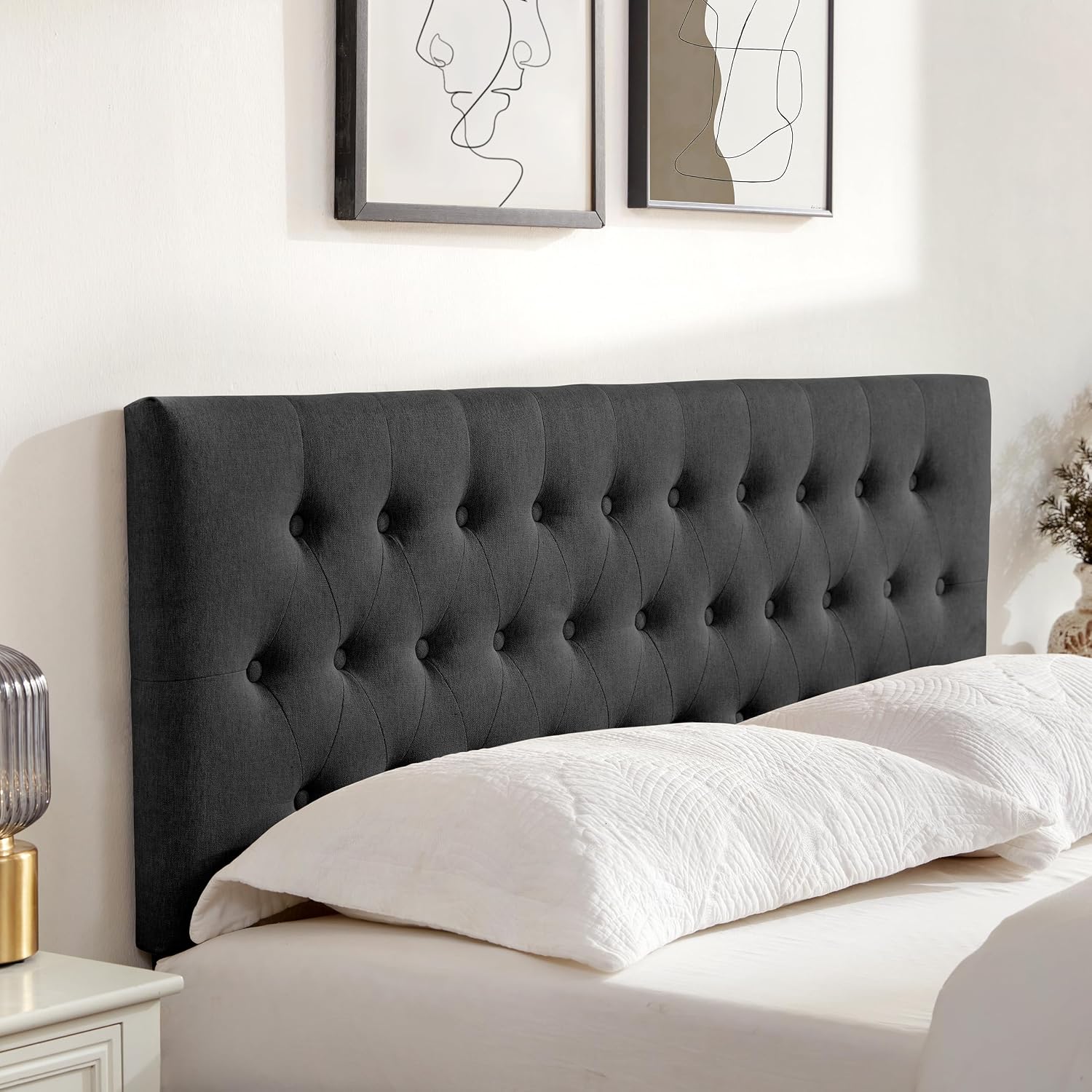 Huatean Home Tufted Upholstered Headboard Full Size, Solid Wood Head Board with Durable Metal Legs, Adjustable Height Full XL headboard from 37' to 51' Fabric Headboard in Modern Button Design, Black