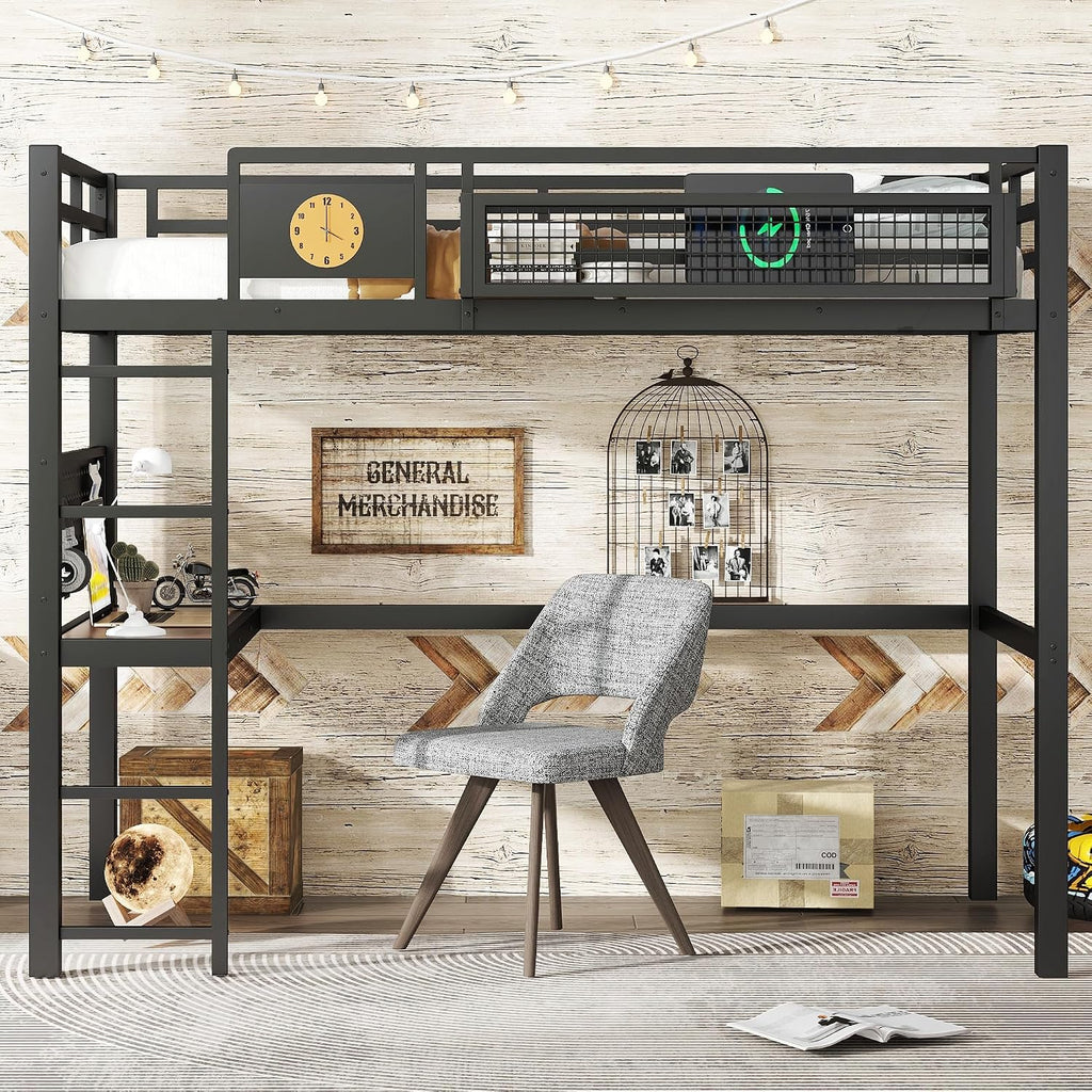 JIVOIT Twin XL Size Metal Loft Bed Frame with Desk, Bedside Storage Basket, Side Clock Design, Pegboard, 68' H Metal Loft Bed with Slats Support, No Spring Box Needed