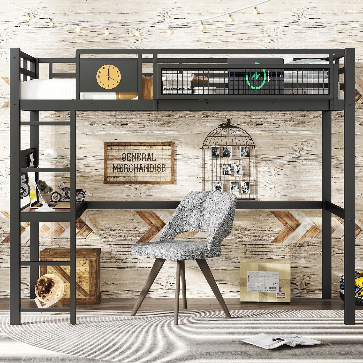 JIVOIT Twin XL Size Metal Loft Bed Frame with Desk, Bedside Storage Basket, Side Clock Design, Pegboard, 68' H Metal Loft Bed with Slats Support, No Spring Box Needed