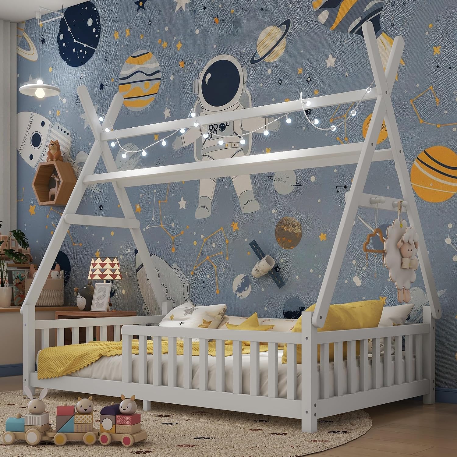 Twin Montessori Kids Floor Bed with Rails and LED Light, Low Twin Beds Frame with Fence and Removable Roof, Wood Montessori Floor Bed Frame for Kids, Girls, Boys, White