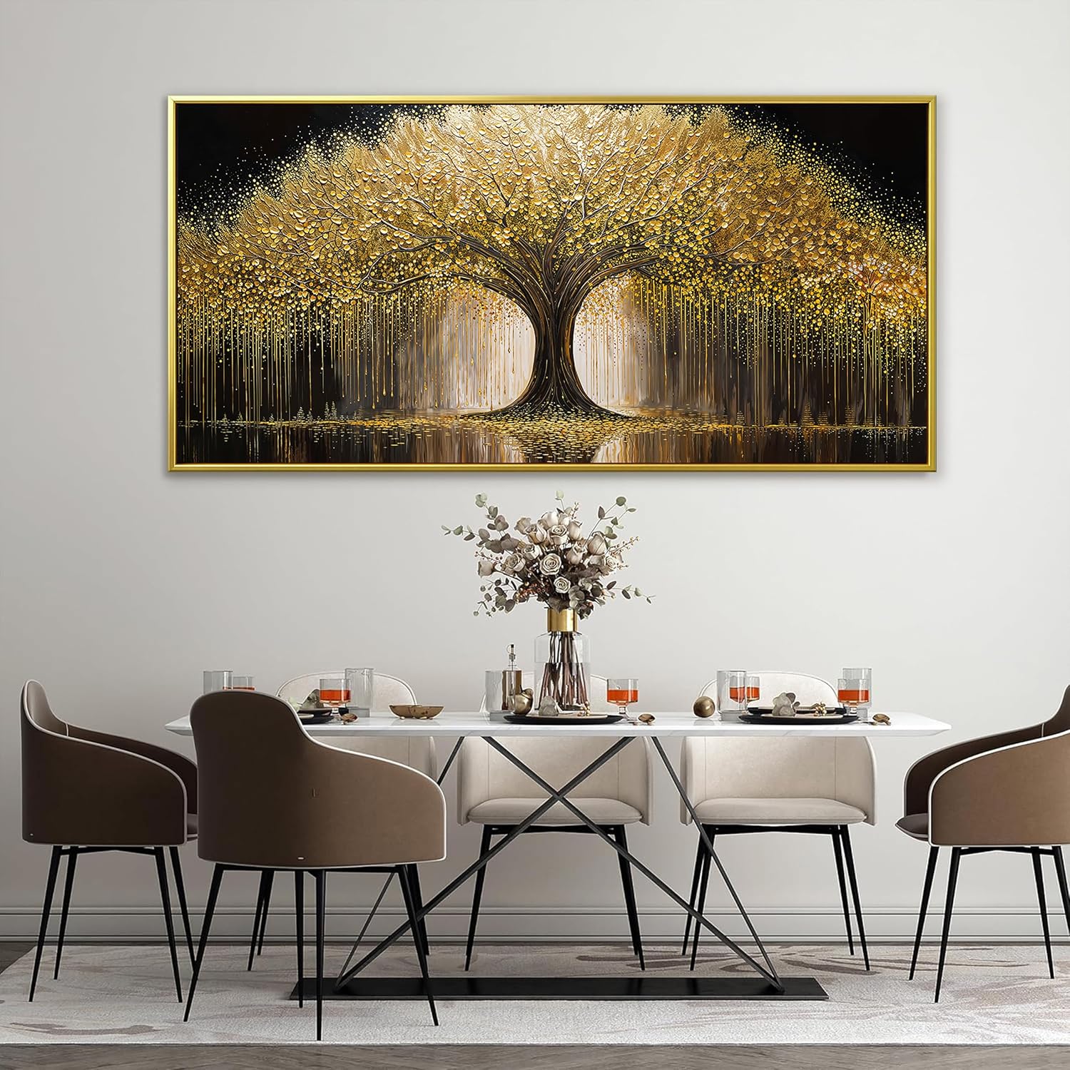 Large Golden Tree Of Life Wall Art Decor Modern Ready To Hang Room Wall Decor Gold Framed Wall Art For Living Room Kitchen Office Bedroom Canvas Prints Decor 29.5x58 Inch