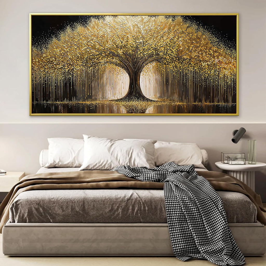 Large Golden Tree Of Life Wall Art Decor Modern Ready To Hang Room Wall Decor Gold Framed Wall Art For Living Room Kitchen Office Bedroom Canvas Prints Decor 29.5x58 Inch