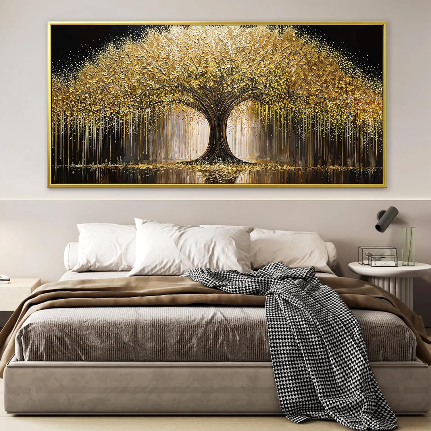 Large Golden Tree Of Life Wall Art Decor Modern Ready To Hang Room Wall Decor Gold Framed Wall Art For Living Room Kitchen Office Bedroom Canvas Prints Decor 29.5x58 Inch