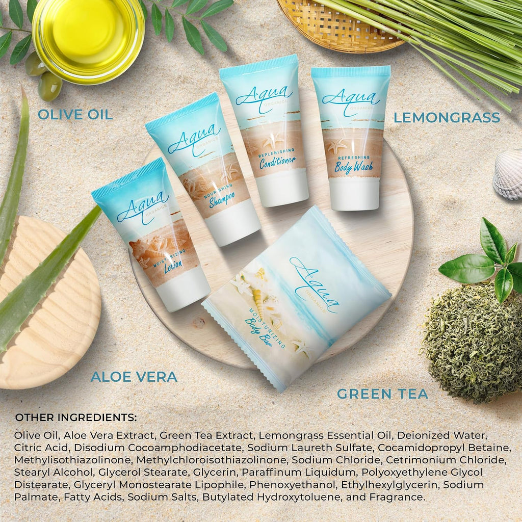Terra Pure Aqua Organics Hotel Soaps & Toiletries Bulk Set | 1-Shoppe Amenities Kit | 1oz Shampoo & Conditioner, Body Wash, Lotion, 1oz Bar Soap | Travel Size | 150 Pieces