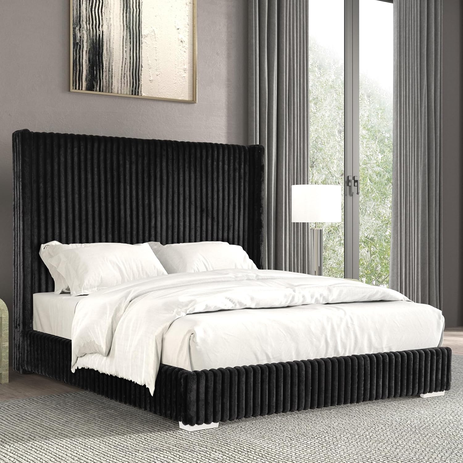 Furniture of America Plutforn Modern Wood 65-inch Queen Platform Bed with Fur Chenille Fabric, No Box Spring Required for Bedroom, Guest Room, Black
