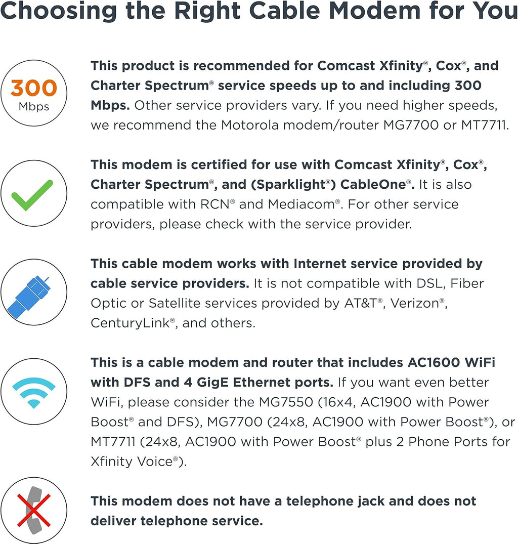Motorola MG7540 Cable Modem WiFi Router Combo | Approved by Comcast Xfinity, Cox, Spectrum | Plans Up to 300 Mbps | AC1600 WiFi Speed | DOCSIS 3.0