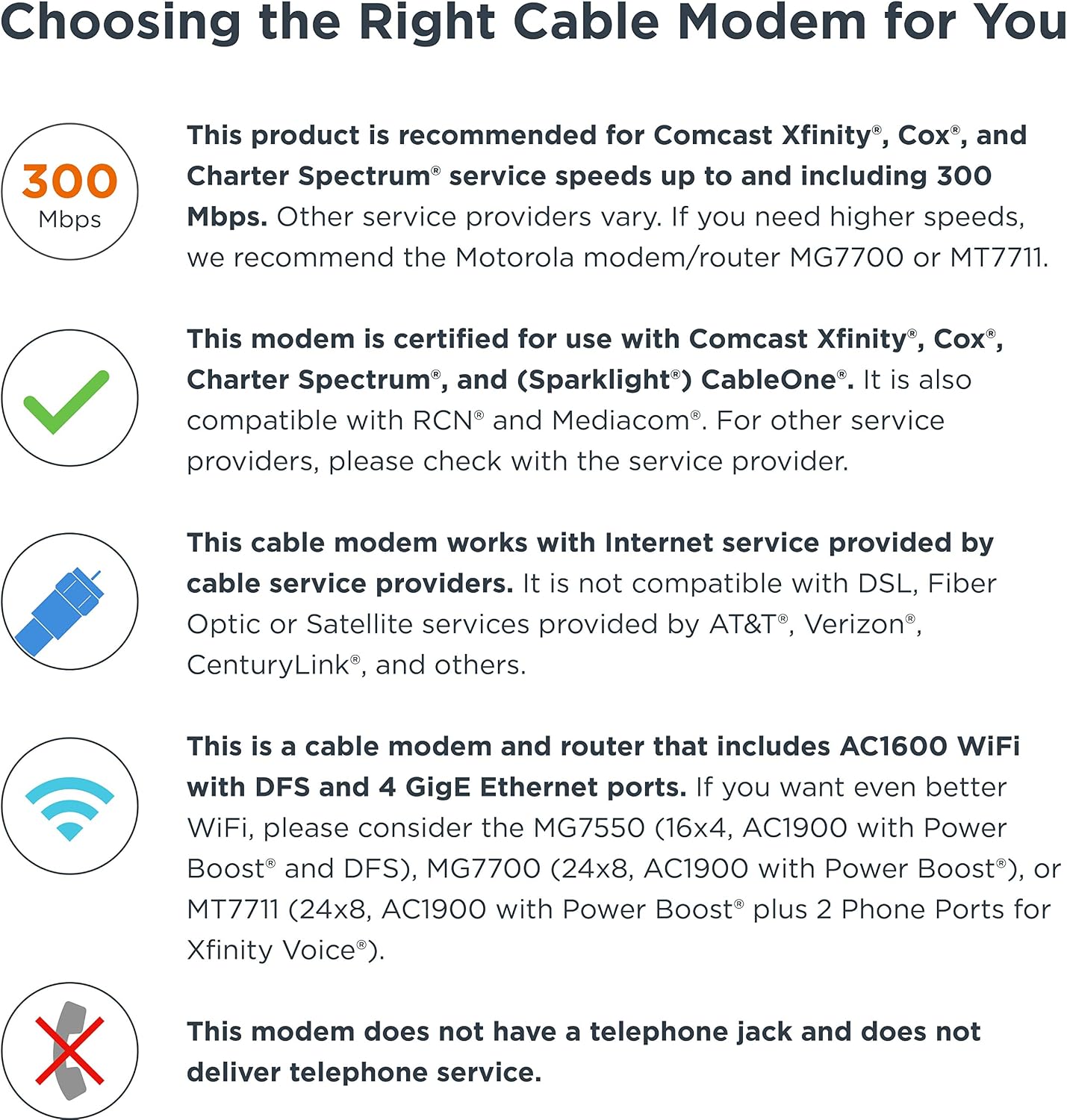 Motorola MG7540 Cable Modem WiFi Router Combo | Approved by Comcast Xfinity, Cox, Spectrum | Plans Up to 300 Mbps | AC1600 WiFi Speed | DOCSIS 3.0