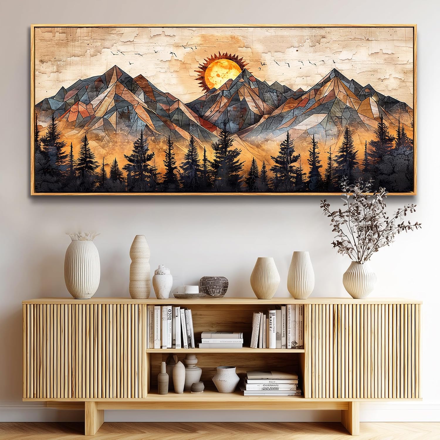 ZUITINGHUA Wood Framed Wall Art For Living Room Canvas Wall Decor For Bedroom Office Decorations Abstract Boho Paintings Mountain Landscape Pictures Modern Home Decor Artwork 32x72 In