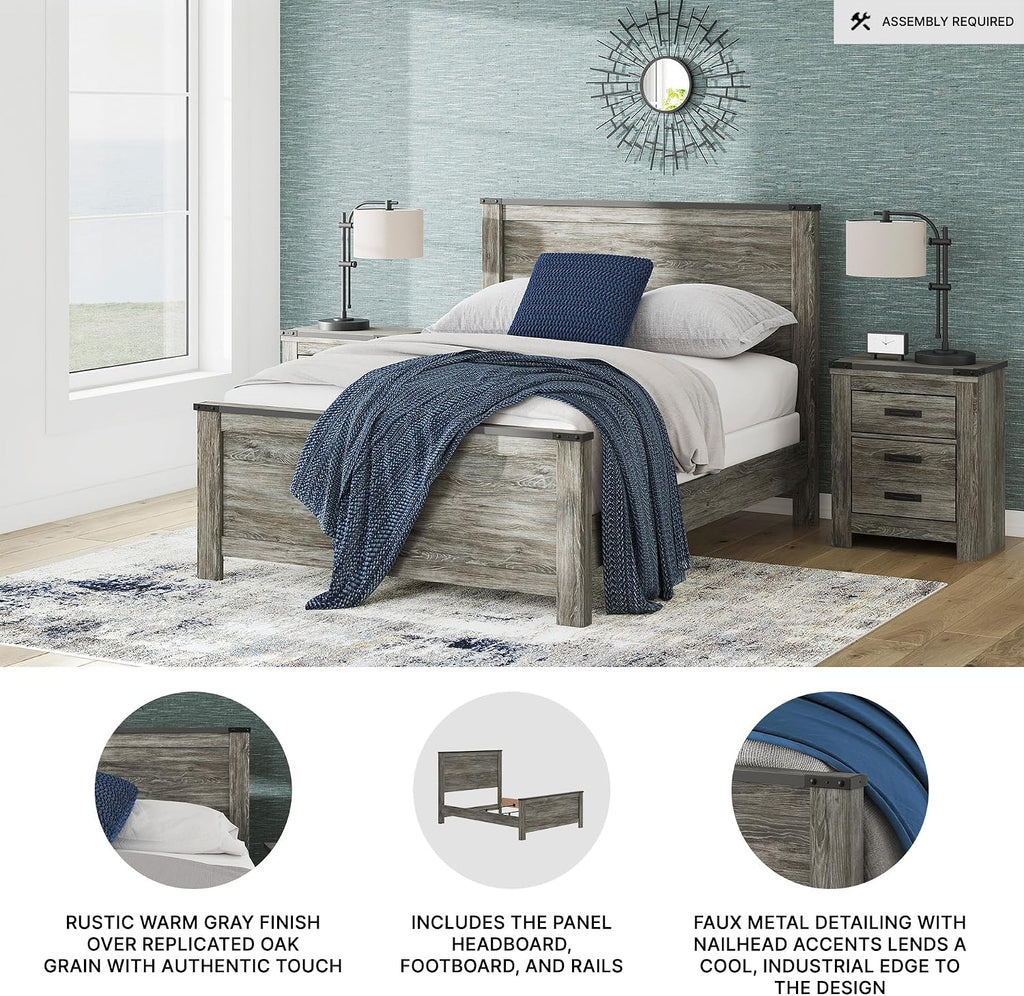 Signature Design by Ashley Frandern Industrial Panel Bed with Nailhead Accents, Foundation or Box Spring Needed, Queen, Gray