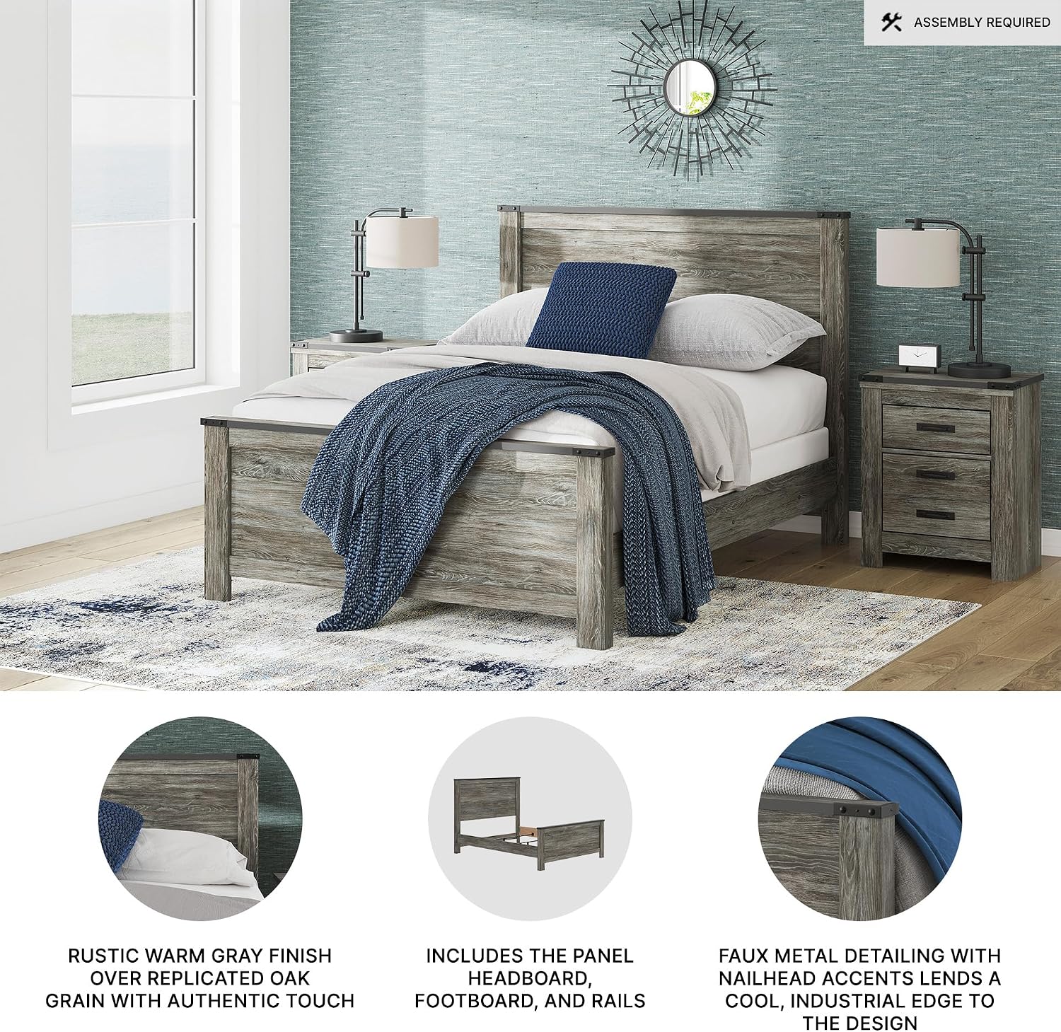 Signature Design by Ashley Frandern Industrial Panel Bed with Nailhead Accents, Foundation or Box Spring Needed, Queen, Gray