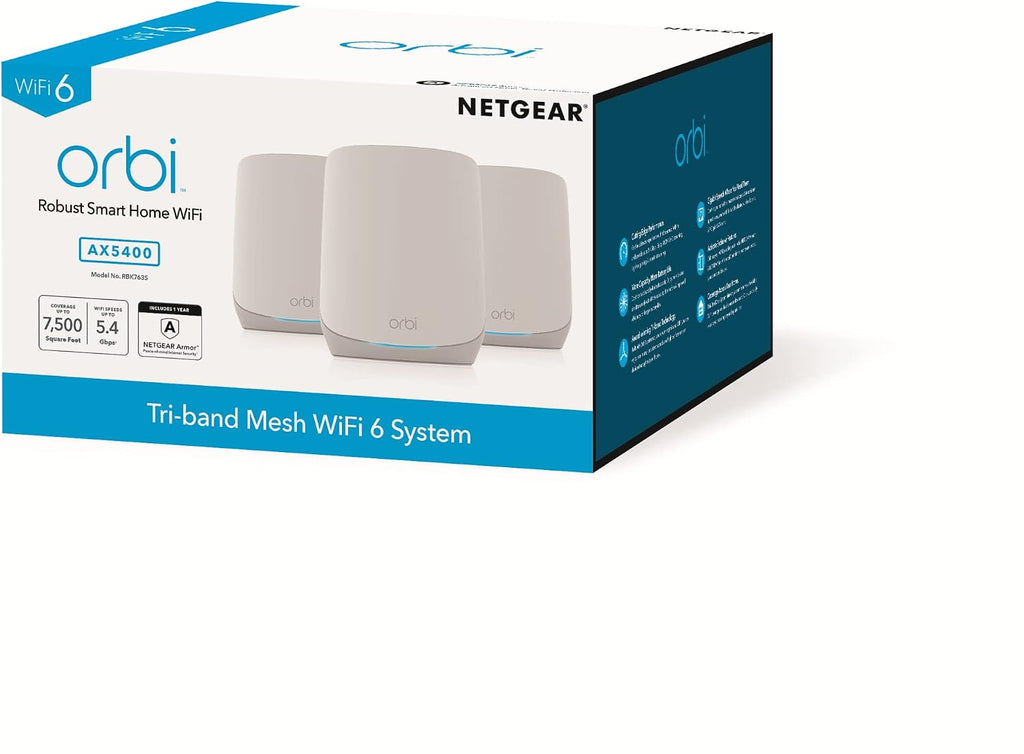 Netgear Orbi RBK763-100NAR AX5400 Tri-band WiFi 6 Mesh System, 5.4Gbps, Router and 2 Satellites (Renewed)