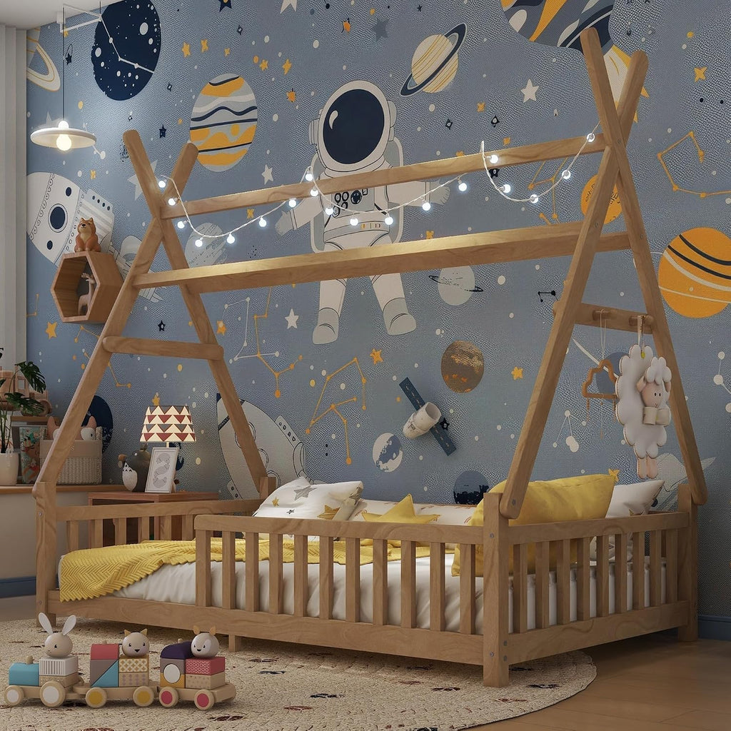 Twin Montessori Kids Floor Bed with Rails and LED Light, Low Twin Beds Frame with Fence and Removable Roof, Wood Montessori Floor Bed Frame for Kids, Girls, Boys, Natural