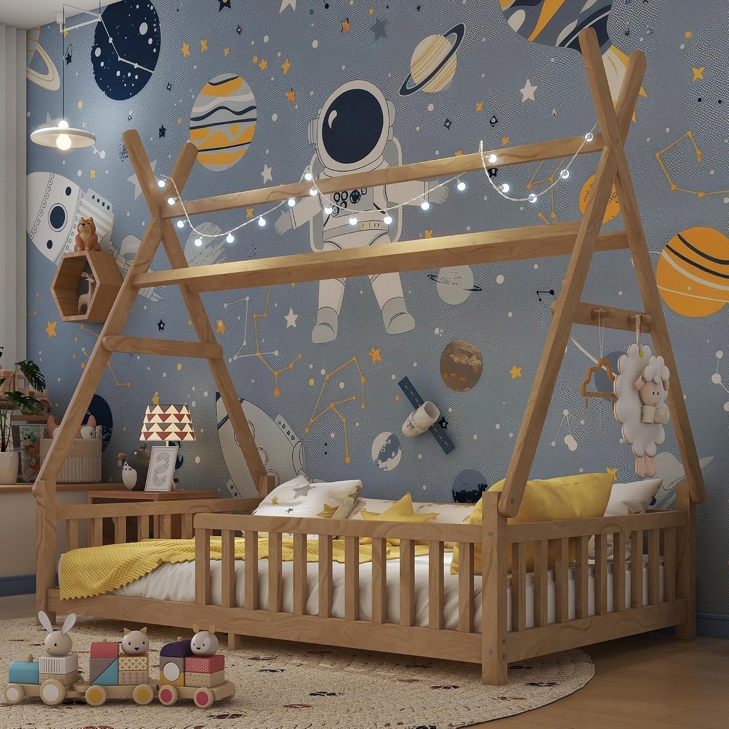 Twin Montessori Kids Floor Bed with Rails and LED Light, Low Twin Beds Frame with Fence and Removable Roof, Wood Montessori Floor Bed Frame for Kids, Girls, Boys, Natural