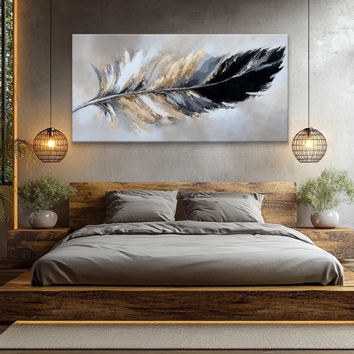 Canvas Art Wall Decor Large Wall art for living room Modern Abstract Wall Decor Painting Print Modern Home Decorations Black and Gold Minimalist Abstract Art Feather Home Artwork Size 35'X70'