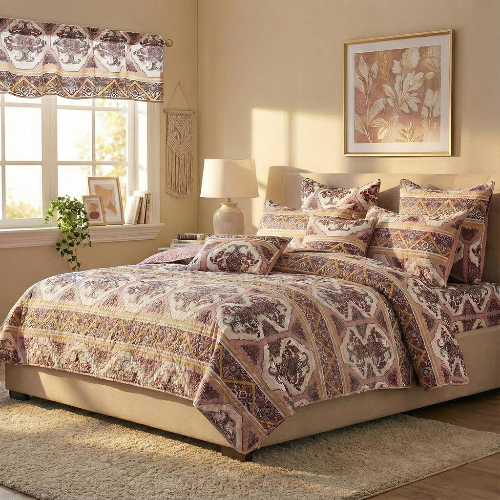 DaDa Bedding Collection Bed in a Bag Set - 11 Pieces - Farmhouse Elegant Paisley Burgundy Maroon Kilim : Bedroom Set with Fitted Sheet, Throw Pillows, and Valances - King