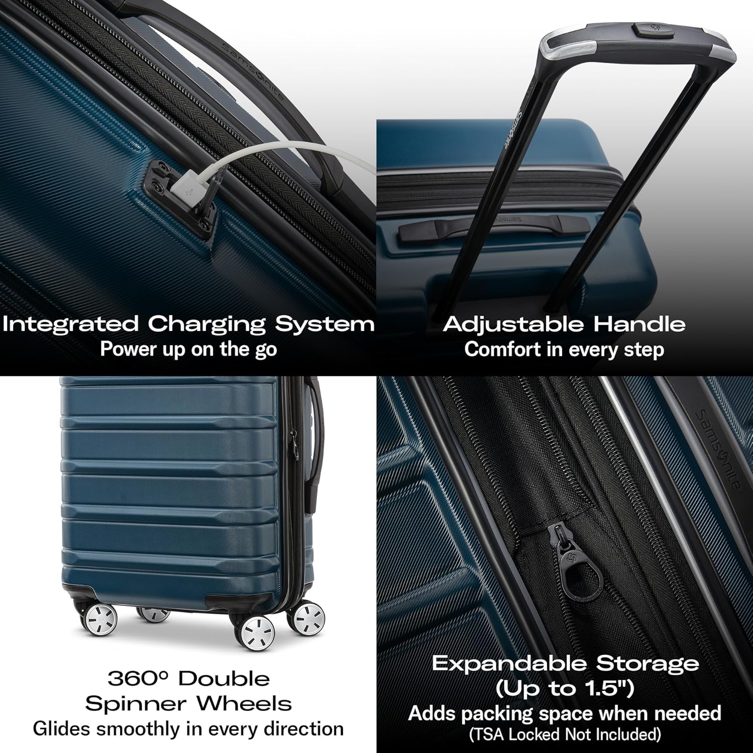 Omni 2 Airline Approved Carry-On Luggage – Stress-Free Size Meets 22x14x9' Requirements – For Fast Trips & Avoiding Baggage Fees – Dual 360° Spinner Wheels, USB Power Hub, Expands 1.5' – Purple