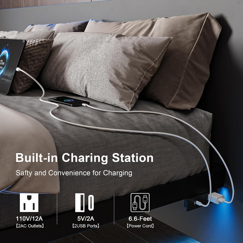 Feonase Queen Floating Bed Frame with Charging Station and Led Lights, Metal Bed Frame with Heavy Duty Steel Slats Supports, No Box Spring Needed, Easy Assembly, Noise Free, Black
