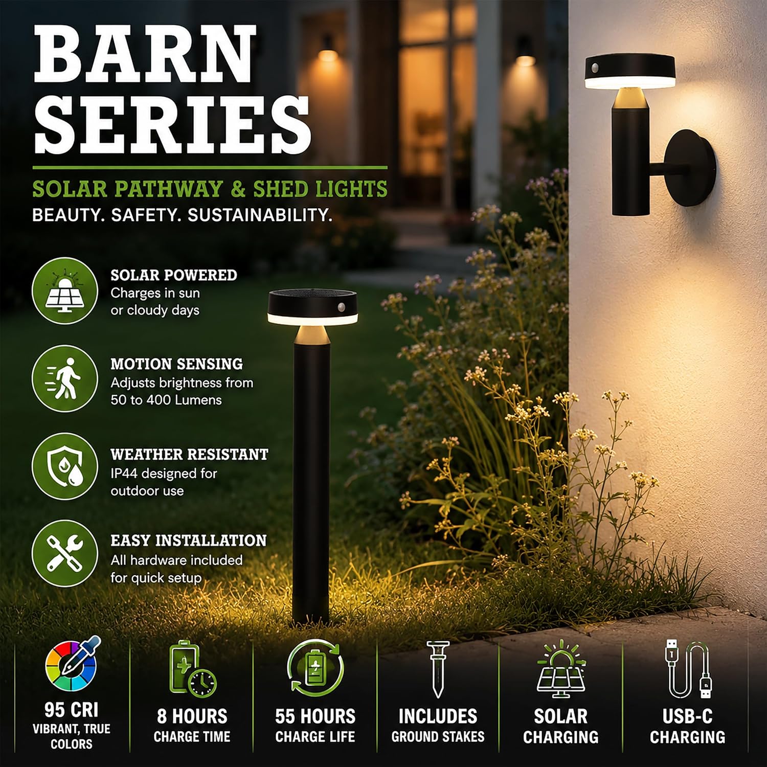 20' Solar Landscape Lights - Outdoor Solar Lights for Yard - PIR Sensor & Two Light Modes - 50lm & 400lm - Rechargeable Battery Last Up to 55 Hours - 3000K - IP44 Weather Resistant - 4 Pack