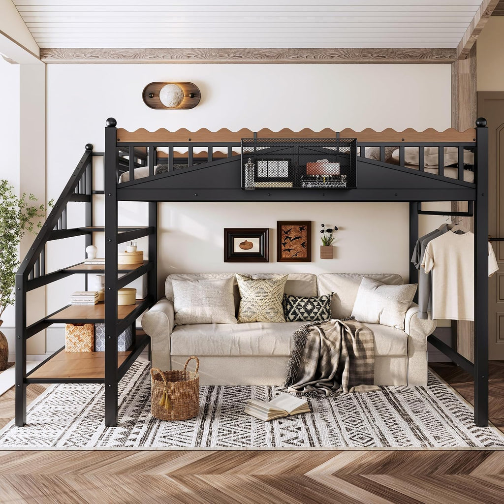 JIVOIT Queen Size Metal Loft Bed Frame, Space-Saving Loft Bed with Storage Stairs, Storage Shelves and Bookshelf, Strong Support Slats, Perfect for Bedroom, Guest, Dorms